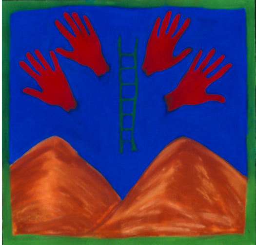 red handprints sky ladder mystical art for sacred space mountains